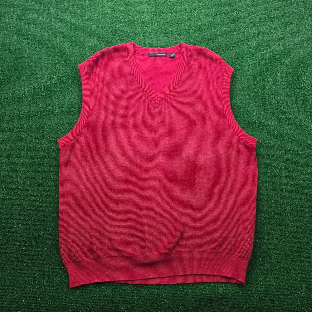 Greg Norman Sweater Vest Mens XL Red V-Neck Sleeveless Waffle Knit Golf Preppy‎